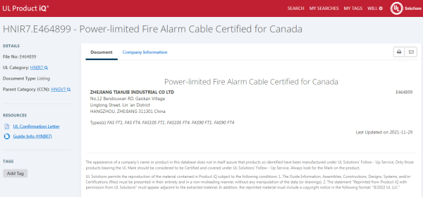 UL NO. E464899 Power-limited Fire Alarm Cable Certified for Canada