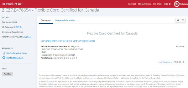 UL NO. E476654 Flexible Cord Certified for Canada