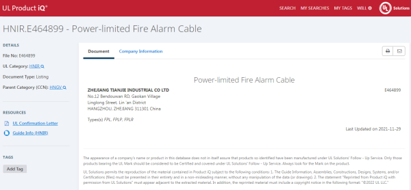 UL NO. E464899 Power-limited Fire Alarm Cable