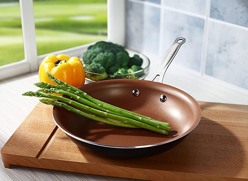 Copper Ceramic Coated Fry Pan With Edge Turn Down
