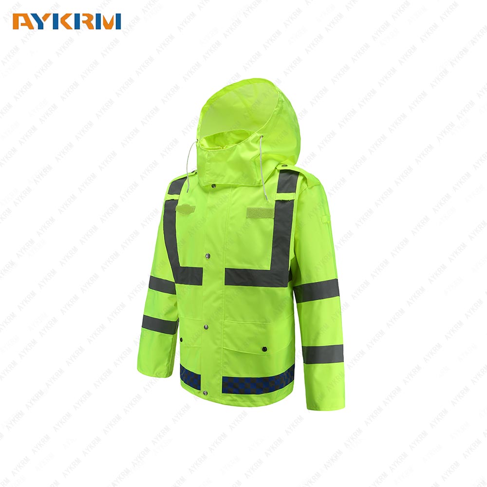 AYKRM Men's Hivis Lightweight Rainwear Jacket - ANSI Class 2 High Visibility Lime with Reflective Tape AR-020