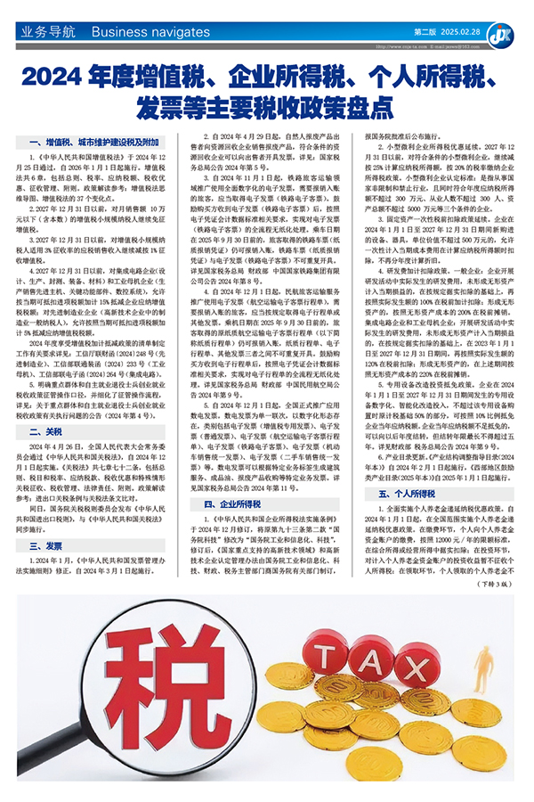 2024年度增值税、企业所得税、 个人所得税、 发票等主要税收政策盘点