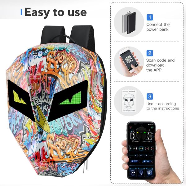 Motorcycle Backpack for Men, LED Backpack With DIY Programmable Full Color Screen, Hard Shell Large Capacity Waterproof Helmet Bag Laptop Backpack FR-LS201