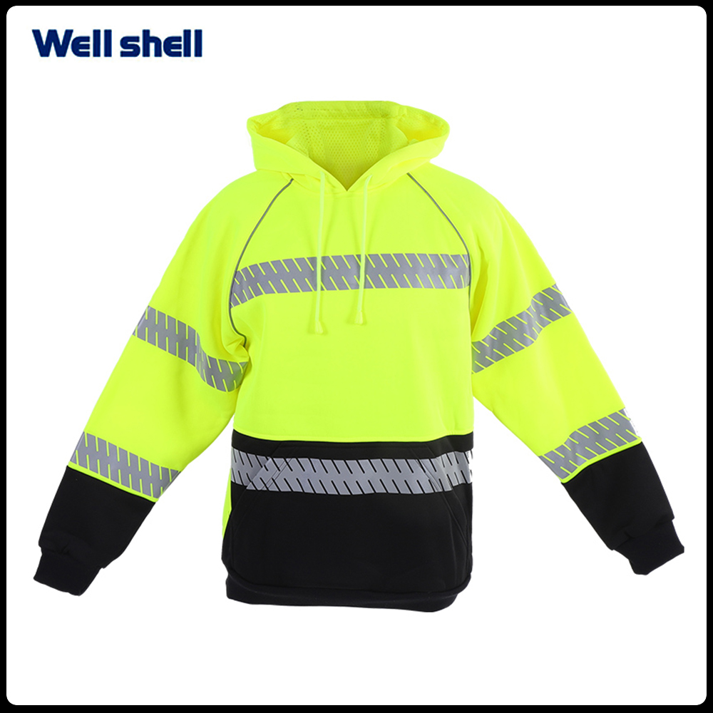 High Visibility Safety Sweatshirt for Men, Class 3 Well Shell Reflective Zippered Hooded Sweatshirt, Hi-Vis Safety Hoodie with Black BottomWL-3028