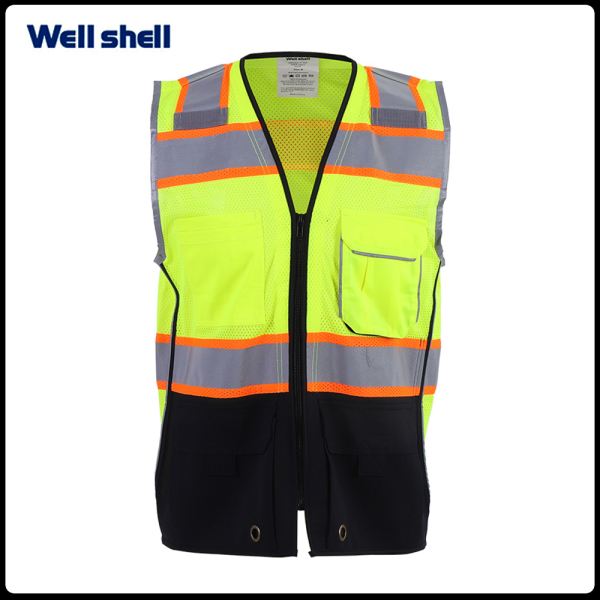 10 Pockets Professional level Safety Vest, Class 2 High Visibility Security with Zipper, Hi Vis with Reflective Strips, ANSI/ISEA Standard, Construction Work（Lime Black WL-3008