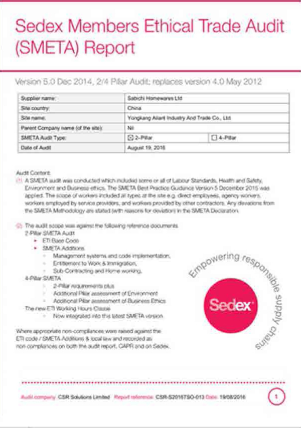 Sedex Members Ethical Trade Audit(SMETA) Report