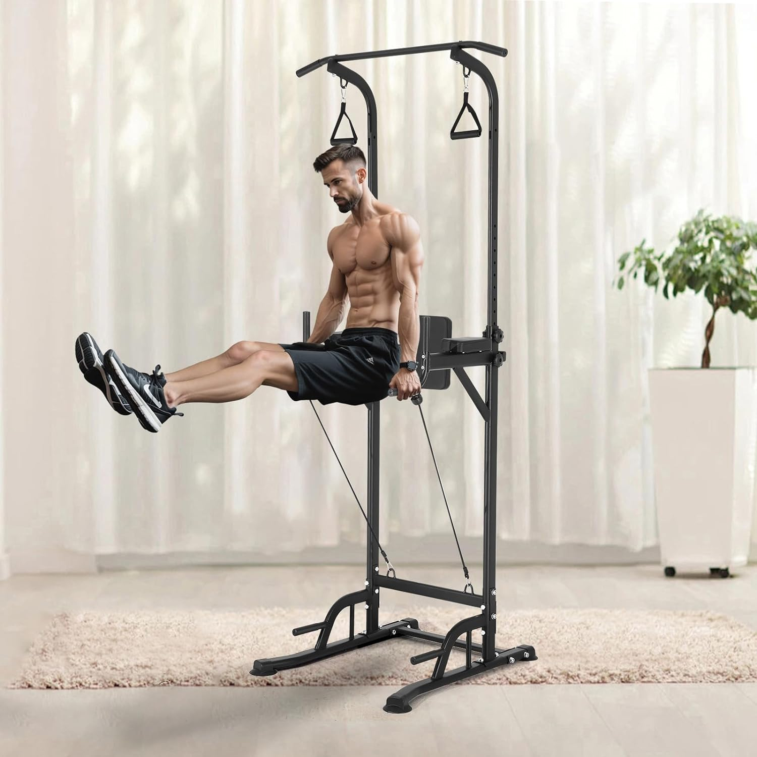 Power Tower Dip Station with Resistance Bands
