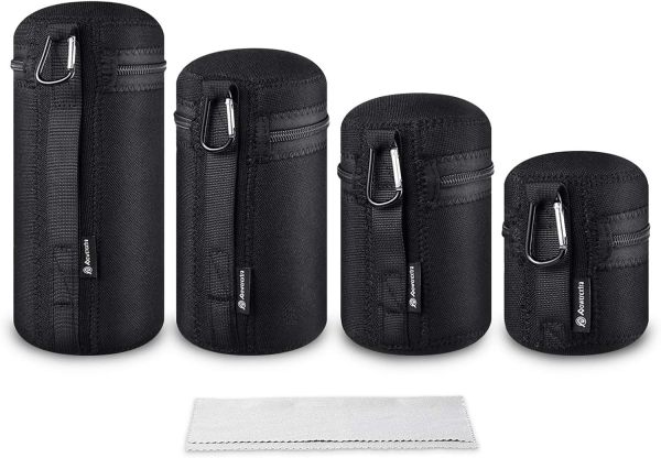 FREEMAN 4x Zipper Lens Case Lens Pouch Bag with Thick Protective Neoprene for DSLR Camera Lens Fit for CA Nikon Sony Olympus Panasonic Includes Small Medium Large XL Size 